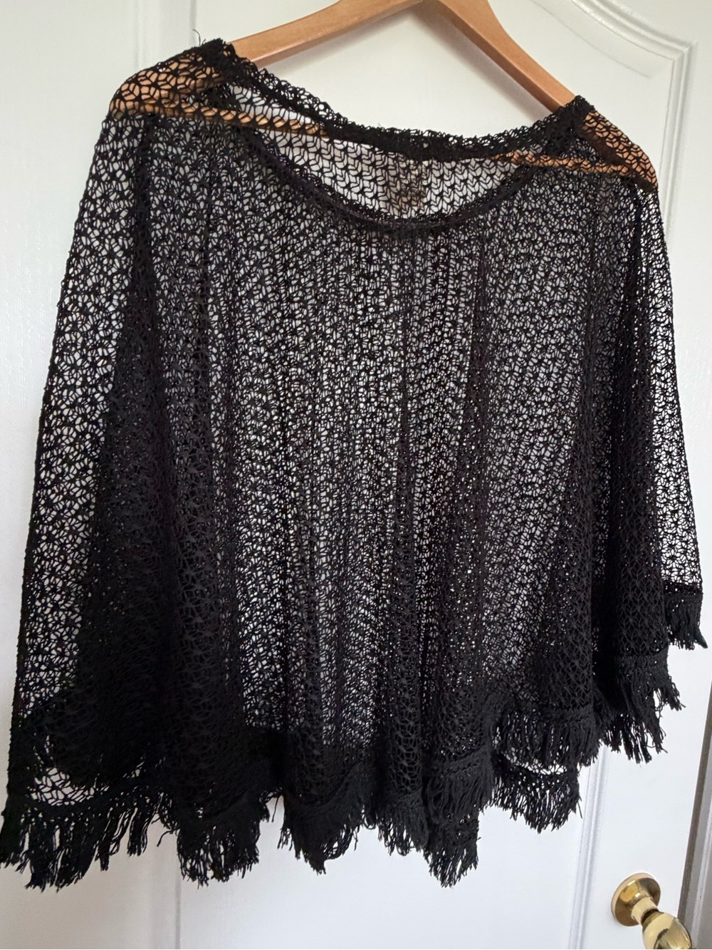 Black Open-Weave Fringe Poncho Cape
